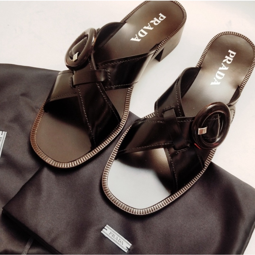 PRADA LEATHER SLIDE SANDALS
